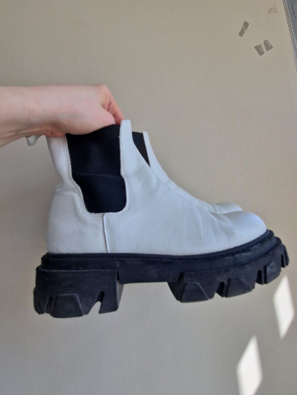 White Leather Chelsea Lug Boots with Black Elastic Panels